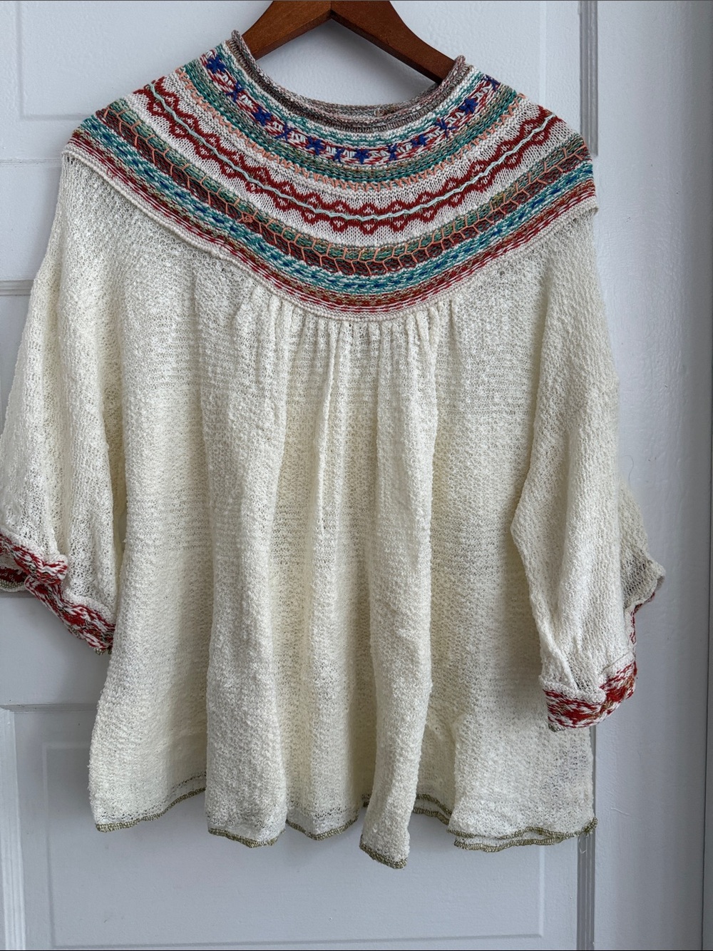 Free People Cream Embroidered Yoke Peasant Tunic Boho Chic